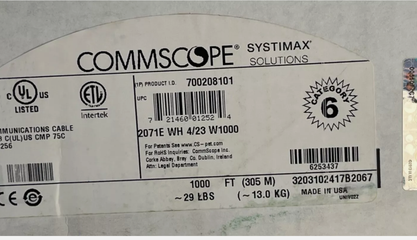 700208101 CommScope Systimax 2071E Cat6 Plenum White 1000Feet 23 AWG UTP W1000 Solid Copper Made In USA