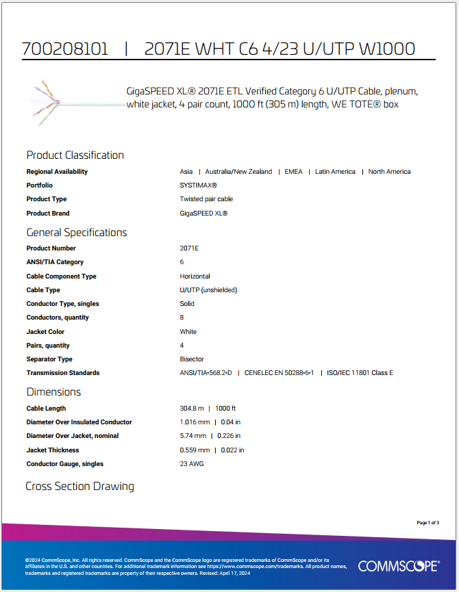 700208101 CommScope Systimax 2071E Cat6 Plenum White 1000Feet 23 AWG UTP W1000 Solid Copper Made In USA