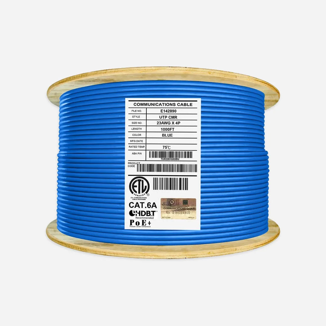 Cat6A Riser CMR 1000ft UTP 23AWG 750MHz Solid Copper Blue Ethernet Cable