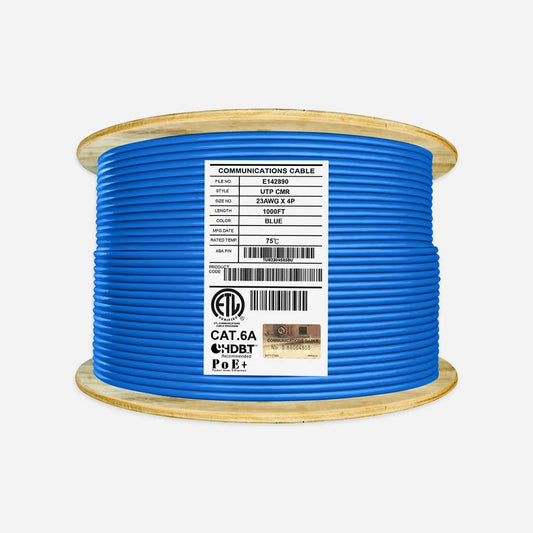 Cat6A Riser CMR 1000ft UTP 23AWG 750MHz Solid Copper Blue Ethernet Cable