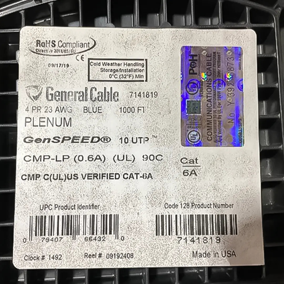 GenSPEED 7141819 Cat6A Plenum Solid Copper 1000ft UTP Blue Ethernet Cable