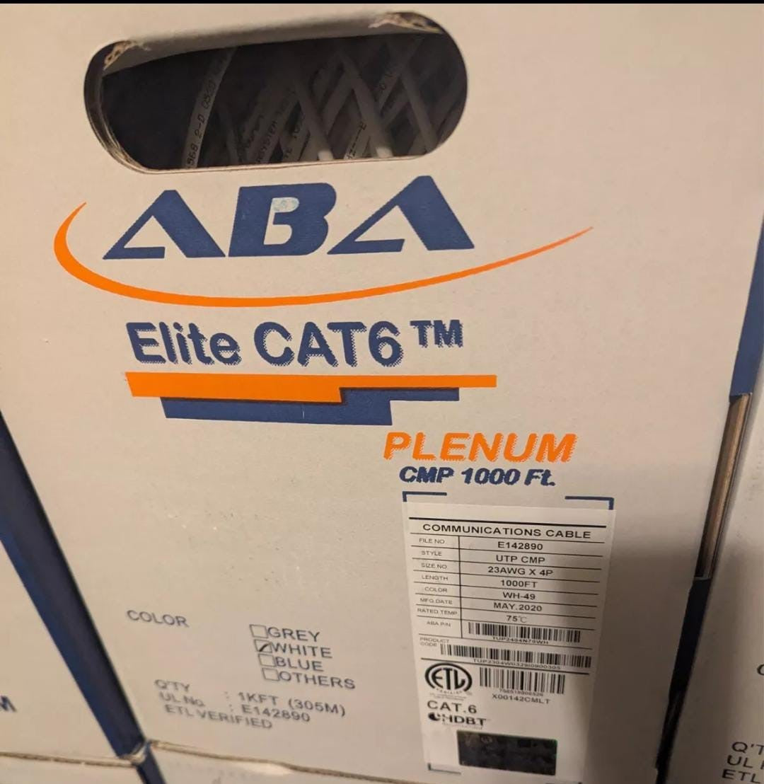 ABA Elite CAT6 Plenum 1000ft White Solid Copper 550MHz High-Speed Ethernet Cable