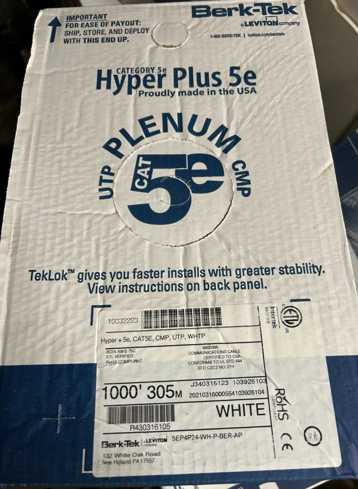 BERK-TEK | 10032223 HyperPlus 5e, Category 5e Plenum UTP Data Cable 24 AWG 4 pair solid bare copper conductors FEP insulation Flame-retardant jacket White Box of 1000 feet